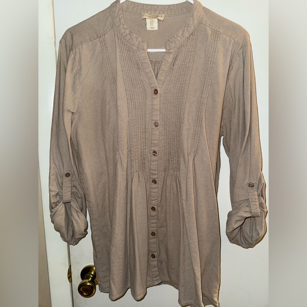 Cynthia Rowley Taupe Pintuck Button-Front Tunic